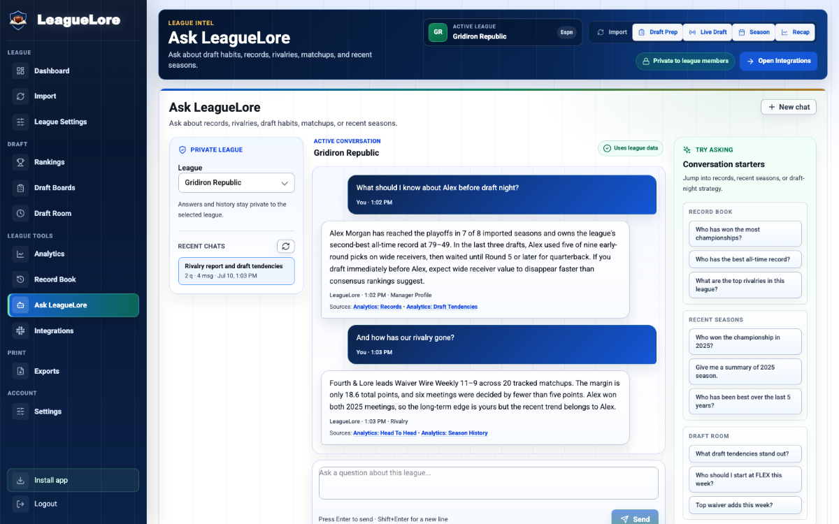 Ask LeagueSaga showing a fictional demo conversation about manager draft tendencies and rivalry history with linked analytics sources.