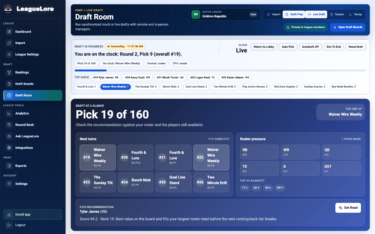 LeagueSaga live draft room at pick 19 showing completed picks, roster pressure, upcoming turns, and a player recommendation based on the current board.